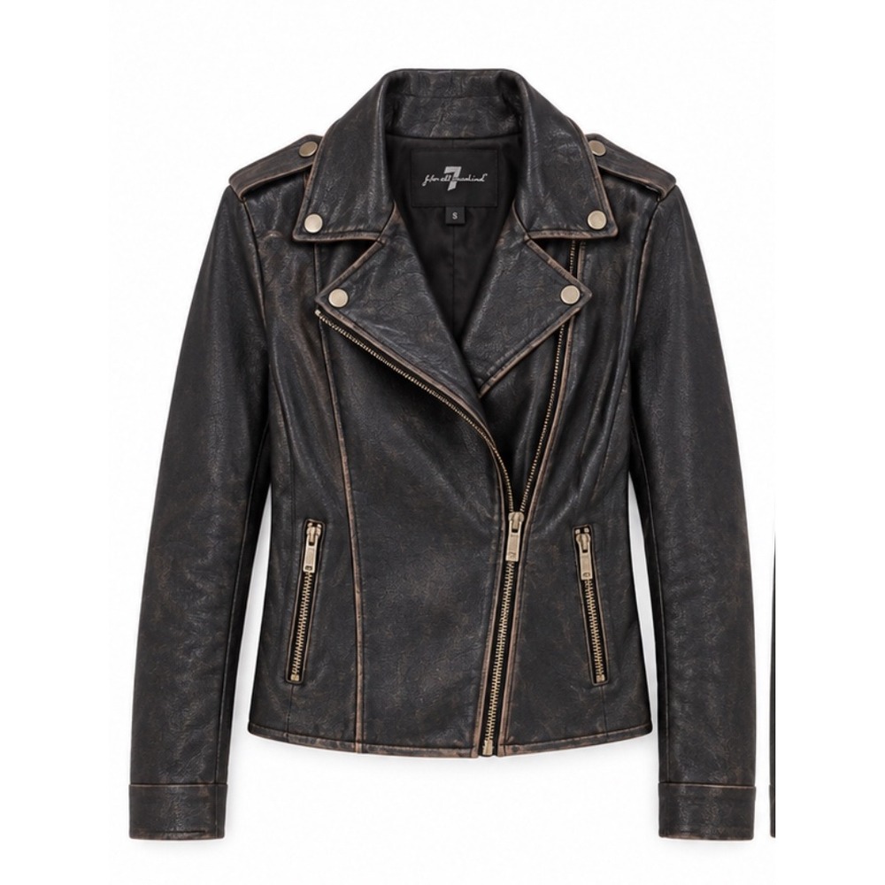 7 For All Mankind Womens Faux Leather Moto Jacket Black Distressed Large